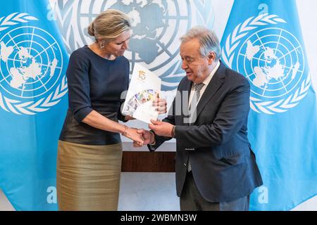 Le Secrétaire général Antonio Guterres rencontre sa Majesté la Reine Maxima des pays-Bas au Siège de l'ONU à New York le 11 janvier 2024 Banque D'Images