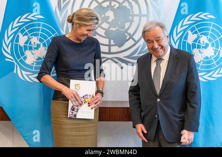 New York, États-Unis. 11 janvier 2024. Le Secrétaire général Antonio Guterres rencontre sa Majesté la Reine Maxima des pays-Bas au Siège de l'ONU à New York le 11 janvier 2024. (Photo de Lev Radin/Sipa USA) crédit : SIPA USA/Alamy Live News Banque D'Images