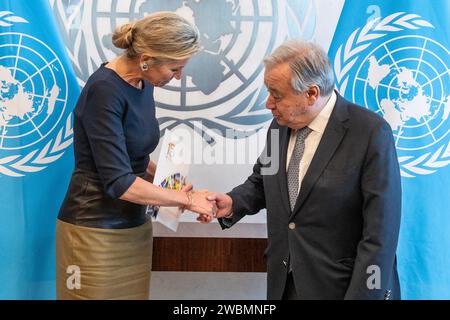 New York, États-Unis. 11 janvier 2024. Le Secrétaire général Antonio Guterres rencontre sa Majesté la Reine Maxima des pays-Bas au Siège de l'ONU à New York le 11 janvier 2024. (Photo de Lev Radin/Sipa USA) crédit : SIPA USA/Alamy Live News Banque D'Images