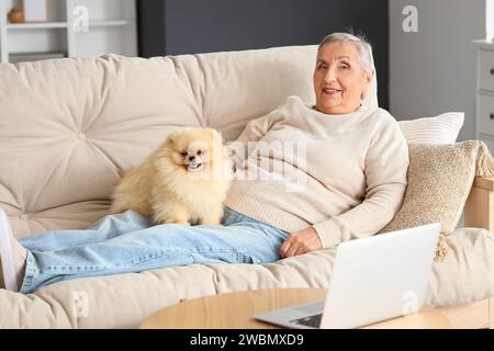 Femme senior avec chien Pomeranian couché sur le canapé à la maison Banque D'Images