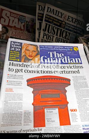 « Des centaines de victimes des bureaux de poste vont faire annuler leurs condamnations », titre du journal Guardian, article du scandale Fujitsu Horizon du 11 janvier 2024 Banque D'Images