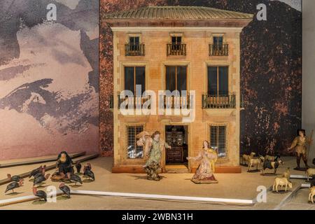 Salle de la scène de la Nativité Salzillo, figures en argile ou en bois avec polychrome et ragoût du 18e siècle, musée dans la ville de Murcie, Espagne. Banque D'Images