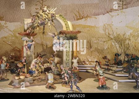 Salle de la scène de la Nativité Salzillo, figures en argile ou en bois avec polychrome et ragoût du 18e siècle, musée dans la ville de Murcie, Espagne. Banque D'Images