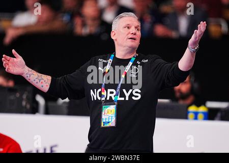 Nikolaj Jacobsen, entraîneur de Denmarks, lors du match masculin de l’EHF Euro 2024 entre le Danemark et la République tchèque à l’Olympiahalle à Munich, en Allemagne, le jeudi 11 janvier 2024. Banque D'Images