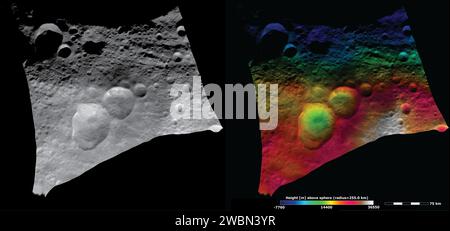 Ces images de la sonde Dawn de la NASA montrent le cratère Domitia dans l'hémisphère nord de Vesta et la topographie de la région environnante, qui comprend les cratères du « bonhomme de neige ». Banque D'Images