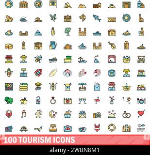 100 icônes touristiques définies. Ligne de couleur ensemble d'icônes de vecteur de tourisme couleur mince de ligne à plat sur blanc Illustration de Vecteur