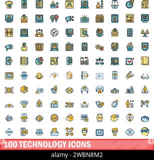 jeu de 100 icônes technologiques. Ligne de couleur jeu d'icônes de vecteur de technologie couleur de ligne mince plat sur blanc Illustration de Vecteur