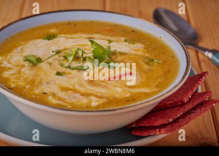 Bol de soupe de poulet et de légumes garni d'herbes et de yaourt Banque D'Images