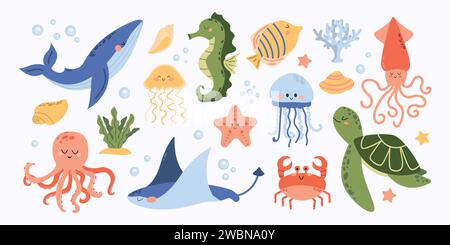 Ensemble vectoriel de vie marine. Poissons et animaux marins sauvages isolés sur fond blanc. Vie marine. Mignonne baleine, calmars, poulpe, raie, méduse, poisson. Banque D'Images
