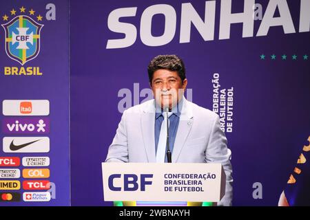 Rio de Janeiro, Brésil. 11 janvier 2024. Ednaldo Rodrigues, Président de la Confédération brésilienne de football - CBF, lors de la présentation du nouvel entraîneur de l'équipe brésilienne de football masculin, au siège de la Confédération brésilienne de football - CBF, à Barra da Tijuca, à l'ouest de la ville, ce jeudi 11 janvier 2023. Crédit : Brazil photo Press/Alamy Live News Banque D'Images