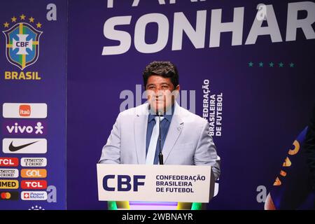 Rio de Janeiro, Brésil. 11 janvier 2024. Ednaldo Rodrigues, Président de la Confédération brésilienne de football - CBF, lors de la présentation du nouvel entraîneur de l'équipe brésilienne de football masculin, au siège de la Confédération brésilienne de football - CBF, à Barra da Tijuca, à l'ouest de la ville, ce jeudi 11 janvier 2023. Crédit : Brazil photo Press/Alamy Live News Banque D'Images