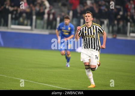 Turin, Italie. 11 janvier 2024. Arkadiusz Milik (Juventus FC) célèbre lors de Juventus FC vs Frosinone Calcio, match de football italien Coppa Italia à Turin, Italie, janvier 11 2024 crédit : Agence de photo indépendante/Alamy Live News Banque D'Images