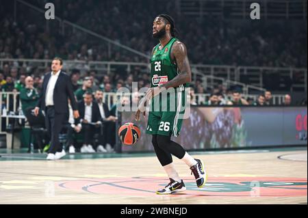 Athènes, Grèce. 11 janvier 2024. 26 Mathias Lessort de Panathinaikos AKTOR Athens joue lors de l'Euroleague, Round 21, match entre Panathinaikos AKTOR Athens et L'AS Monaco à l'OAKA Altion Arena à Athènes, Grèce, le 11 janvier 2024. Crédit : Agence photo indépendante/Alamy Live News Banque D'Images