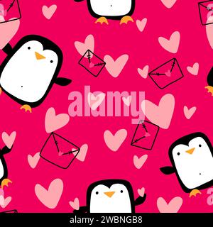 Valentines Hearts Pingouin sans couture et modèle d'amour pour envelopper le papier et les tissus et les draps et les vêtements pour enfants imprimer et emballage festif et fête a Banque D'Images