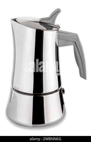 Pot moka en acier inoxydable de style moderne isolé sur blanc avec chemin de clipsage inclus Banque D'Images