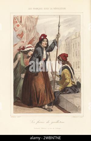 Les Furies de la guillotine pendant le règne de la terreur. L'actrice Claire 'Rose' Lacombe en casquette phrygienne, tenant une lance, et la dérangée Aspasie Carlemigelli, avec drapeau et poignard. Les Furies de guillotine. Gravure sur acier colorée à la main de Leopold Massard d’après une illustration d’Henri Baron d’Augustin Challamel et Wilhelm Tenint, les Français sous la Révolution, Challamel, Paris, 1843. Banque D'Images