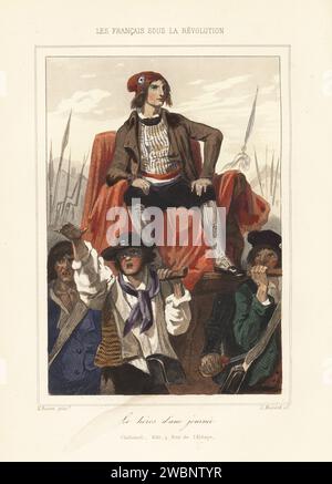 Héros du jour pendant la Révolution française. Un homme en casquette phrygienne avec cocarde tricolore est porté sur une chaise par une foule de révolutionnaires armés. Peut-être Camille Desmoulins à la prise de la Bastille. Le Heros d'une journee, ou l'homme populaire. Gravure sur acier colorée à la main de Leopold Massard d’après une illustration d’Henri Baron d’Augustin Challamel et Wilhelm Tenint, les Français sous la Révolution, Challamel, Paris, 1843. Banque D'Images