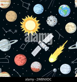 Modèle sans couture avec des étoiles, des planètes et des satellites dans le cosmos. Impression de dessin animé avec des éléments d'espace, illustration vectorielle. Illustration de Vecteur