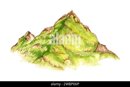 Illustration à l'aquarelle de paysage alpin vert. Elément naturel de la chaîne des montagnes Rocheuses isolé sur blanc. Élément de fond pour la conception du jardin Banque D'Images