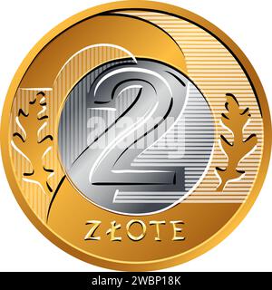 Vector inverse argent polonais deux pièces d'or zloty avec valeur et 2 feuilles dans la portion d'anneau Illustration de Vecteur