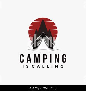 Logo de badge de camping d'aventure en plein air avec forêt de pins et modèle d'illustrations vectorielles de tente Illustration de Vecteur