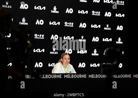 Melbourne, Australie, 12 janvier 2024. La joueuse de tennis allemande Angelique Kerber assiste à une conférence de presse avant le Grand Chelem de tennis Open d'Australie à Melbourne Park. Crédit photo : Frank Molter/Alamy Live news Banque D'Images