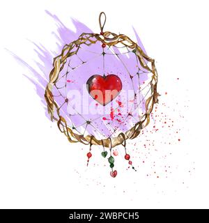 attrape-rêves avec un pendentif en forme de cœur rouge, perles, plumes, rubans. illustration aquarelle faite à la main. sur fond d'eau Banque D'Images