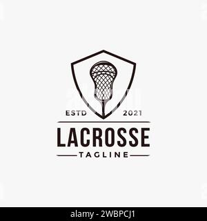 Logo sport lacrosse emblème vintage avec bâton de lacrosse et icône vecteur bouclier sur fond blanc Illustration de Vecteur