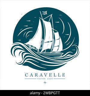 Logo Caravelle sur l'eau emblème vintage. Ancienne illustration vectorielle rétro icône marine Illustration de Vecteur