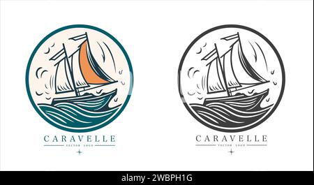 Logo Caravelle sur l'eau emblème vintage. Ancienne illustration vectorielle rétro icône marine Illustration de Vecteur