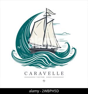 Logo Caravelle sur l'eau emblème vintage. Ancienne illustration vectorielle rétro icône marine Illustration de Vecteur