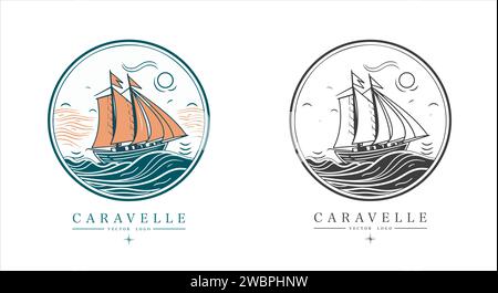 Logo Caravelle sur l'eau emblème vintage. Ancienne illustration vectorielle rétro icône marine Illustration de Vecteur