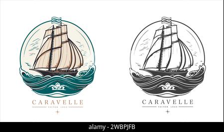 Logo Caravelle sur l'eau emblème vintage. Ancienne illustration vectorielle rétro icône marine Illustration de Vecteur