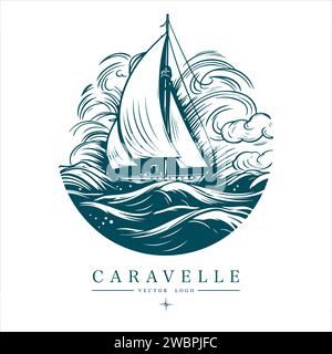 Logo Caravelle sur l'eau emblème vintage. Ancienne illustration vectorielle rétro icône marine Illustration de Vecteur