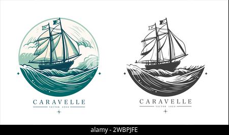 Logo Caravelle sur l'eau emblème vintage. Ancienne illustration vectorielle rétro icône marine Illustration de Vecteur