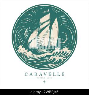 Logo Caravelle sur l'eau emblème vintage. Ancienne illustration vectorielle rétro icône marine Illustration de Vecteur