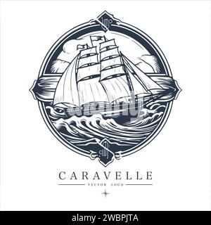 Logo Caravelle sur l'eau emblème vintage. Ancienne illustration vectorielle rétro icône marine Illustration de Vecteur