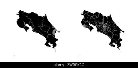 Ensemble de cartes d'état du Costa Rica avec les régions et la division des municipalités. Frontières du département, cartes vectorielles isolées sur fond blanc. Illustration de Vecteur