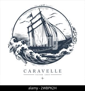 Logo Caravelle sur l'eau emblème vintage. Ancienne illustration vectorielle rétro icône marine Illustration de Vecteur