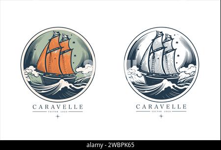 Logo Caravelle sur l'eau emblème vintage. Ancienne illustration vectorielle rétro icône marine Illustration de Vecteur