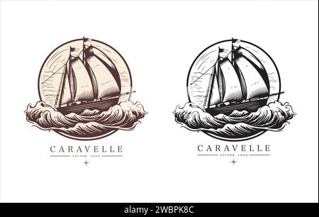 Logo Caravelle sur l'eau emblème vintage. Ancienne illustration vectorielle rétro icône marine Illustration de Vecteur