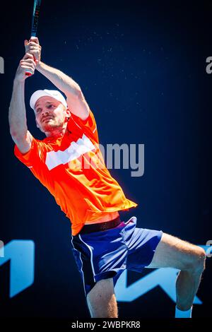 Melbourne, Australie. 12 janvier 2024. Le Belge David Goffin photographié en action lors d'un match de qualification masculine en troisième et dernière ronde entre le Belge Goffin et le canadien Diallo, au tournoi de tennis du Grand Chelem « Open d'Australie », vendredi 12 janvier 2024 à Melbourne Park, Melbourne, Australie. L’édition 2024 du Grand Chelem australien se déroule du 14 au 28 janvier. BELGA PHOTO PATRICK HAMILTON crédit : Belga News Agency/Alamy Live News Banque D'Images