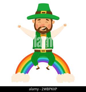 Leprechaun drôle et mignon avec la barbe brune sur l'arc-en-ciel lumineux. Vecteur illistration pour St. Le jour de Patrick. Homme en costume vert et chapeau Illustration de Vecteur