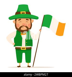 Leprechaun drôle et mignon avec barbe brune avec drapeau irlandais. Vecteur illistration pour St. Le jour de Patrick. Homme heureux dans un costume vert et chapeau Illustration de Vecteur