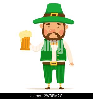 Leprechaun drôle et mignon à la barbe brune avec une pinte de bière. Vecteur illistration pour St. Le jour de Patrick. Homme en costume vert et chapeau Illustration de Vecteur