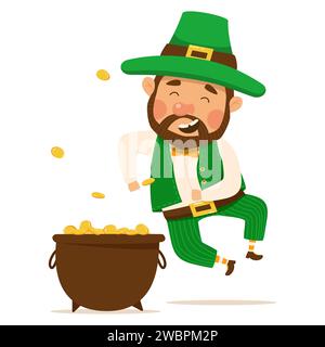 Leprechaun drôle et mignon avec une barbe brune avec un pot d'or. Vecteur illistration pour St. Le jour de Patrick. Homme heureux dans un costume vert et chapeau Illustration de Vecteur