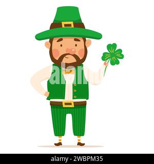 Leprechaun drôle et mignon avec barbe brune avec trèfle à quatre feuilles. Vecteur illistration pour St. Le jour de Patrick. Homme en costume vert et chapeau Illustration de Vecteur