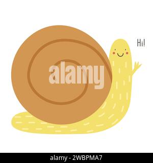 Un mignon escargot fait des vagues et salue. Illustration vectorielle d'un escargot Kawaii. Doodle concept pour sticker, print, web, app Illustration de Vecteur