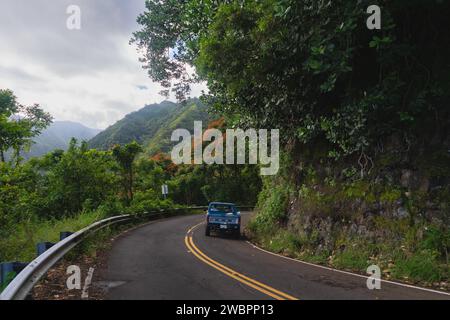 Voyagez à travers les paysages luxuriants de Maui sur la route sinueuse de Hana, enveloppée par la beauté tropicale étonnante d'Hawaï. Banque D'Images