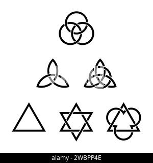 Six symboles Trinité. Symboles chrétiens anciens, formés de triangles entrelacés, de triquetras celtiques et de cercles. Banque D'Images